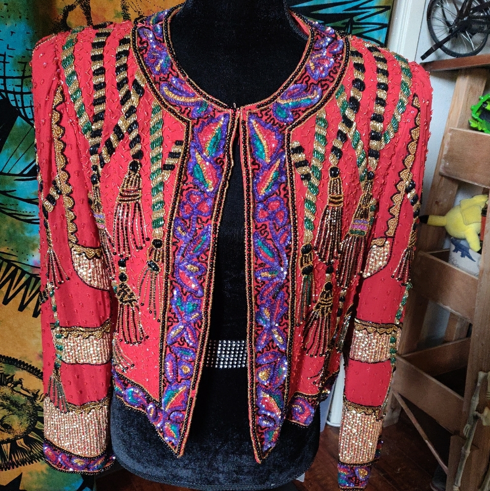 laurence kazar vintage red beaded jacket